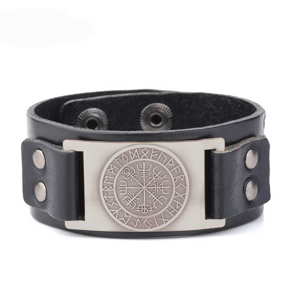 Bracelet en cuir Vegvisir argent