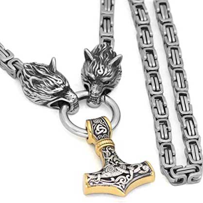 Collier Viking Têtes de Loups & Mjolnir