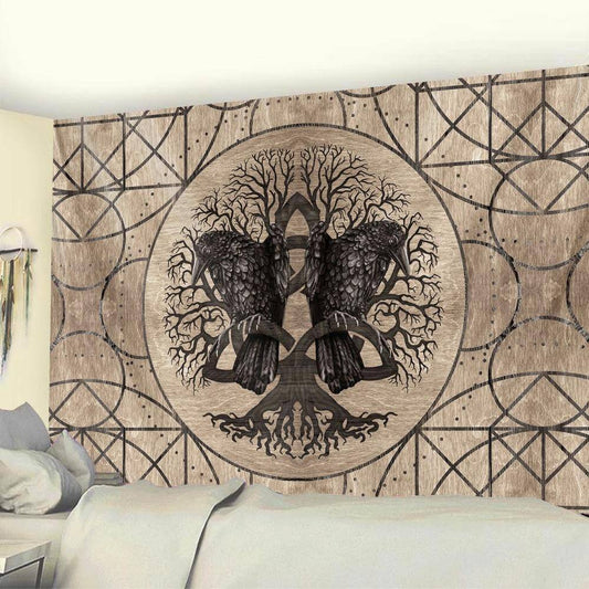 Tapis mural viking arbre aux corbeaux avec fond