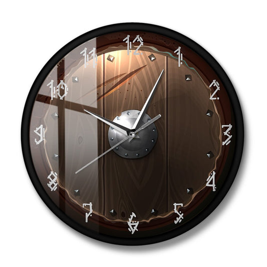 Horloge Viking Bouclier en bois modèle avec cadre et vitre