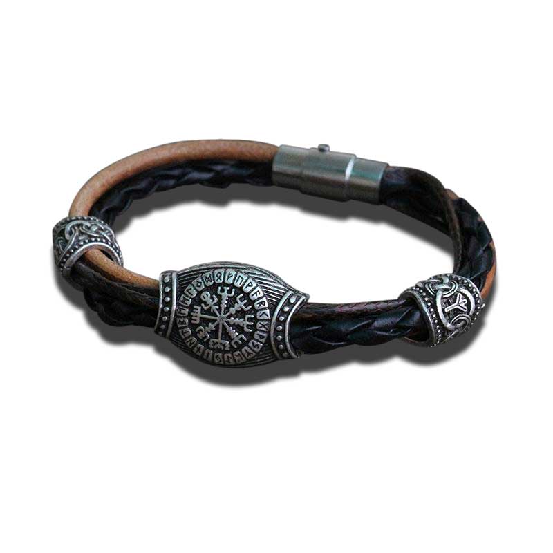 bracelet viking cuir vegvisir Argent